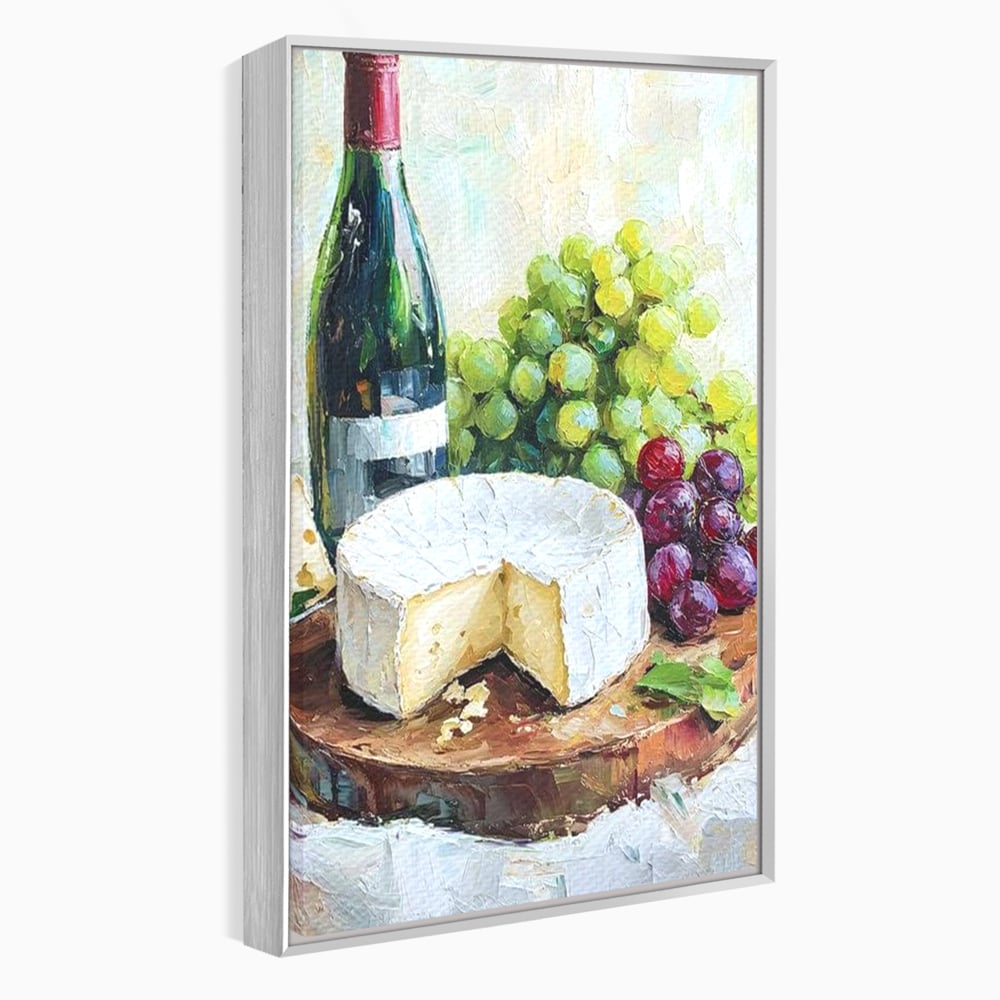 Tablou canvas cu pictura cu sticla de vin si branza, in rama de aluminiu argintiu