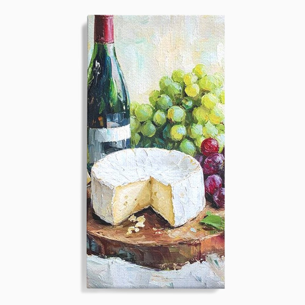 Tablou canvas cu pictura cu sticla de vin si branza, fara rama, pe sasiu de lemn