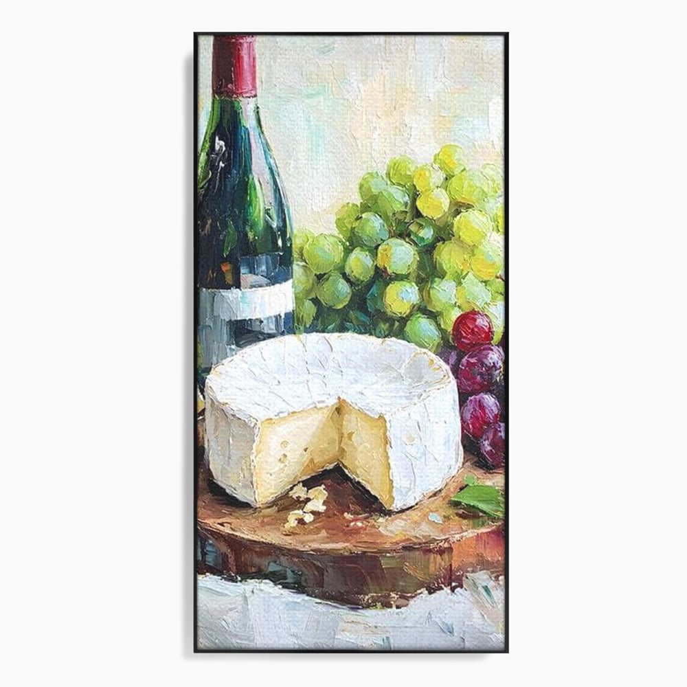 Tablou canvas cu pictura cu sticla de vin si branza, in rama de aluminiu negru