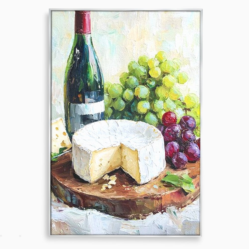 Tablou canvas cu pictura cu sticla de vin si branza, in rama de aluminiu argintiu