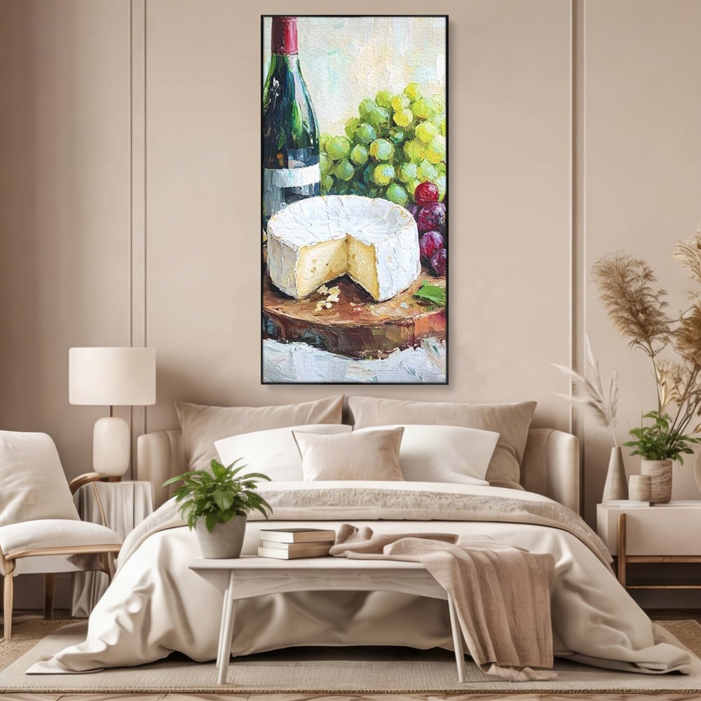 Tablou canvas cu pictura cu sticla de vin si branza, in rama de aluminiu negru, pe perete intr-un dormitor