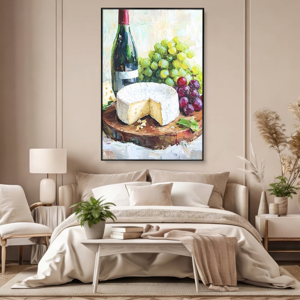 Tablou canvas cu pictura cu sticla de vin si branza, in rama de aluminiu negru, pe perete intr-un dormitor