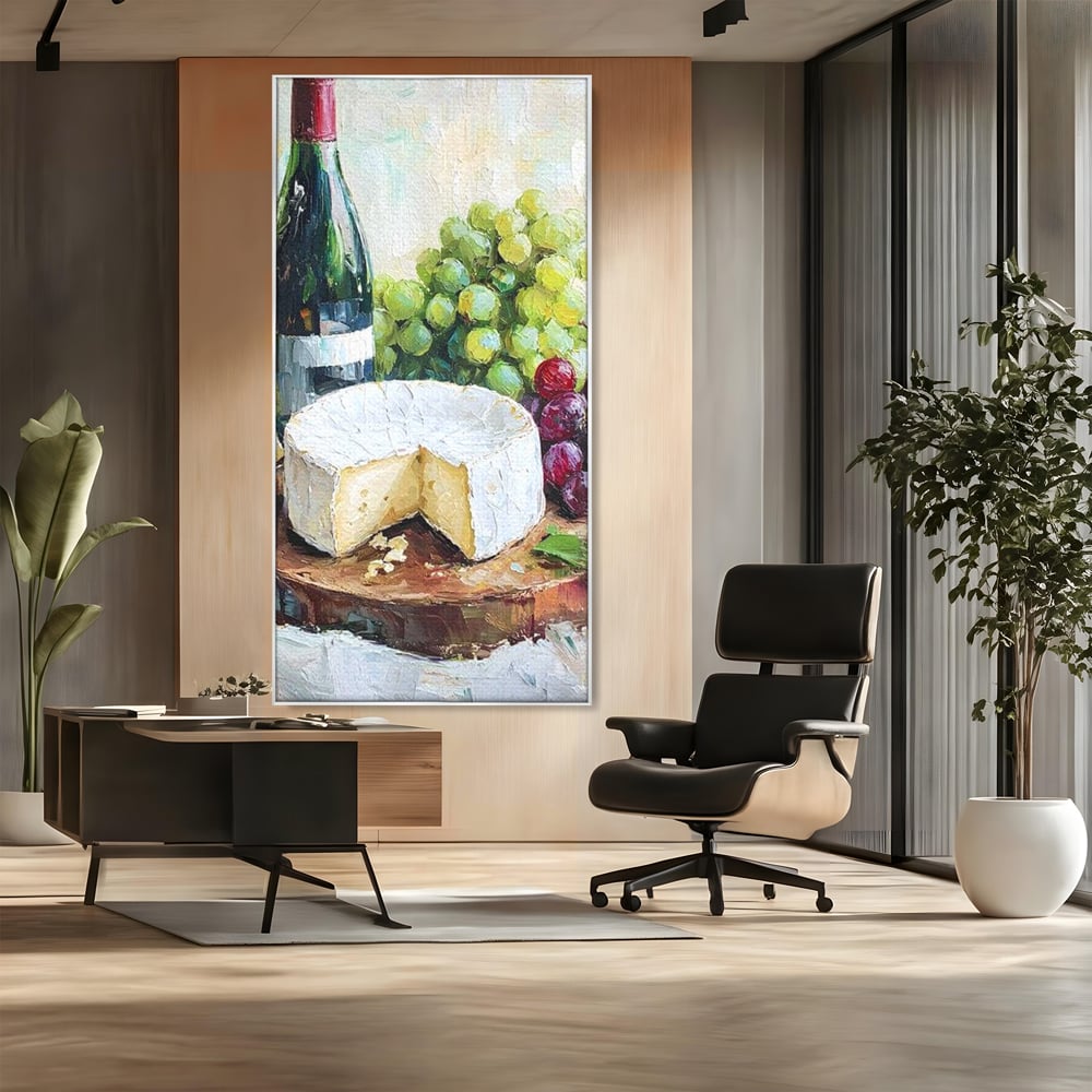 Tablou canvas cu pictura cu sticla de vin si branza, in rama de aluminiu argintiu, pe perete intr-un birou