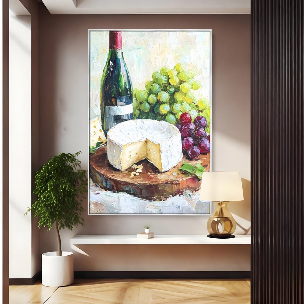 Tablou canvas cu pictura cu sticla de vin si branza, in rama de aluminiu argintiu