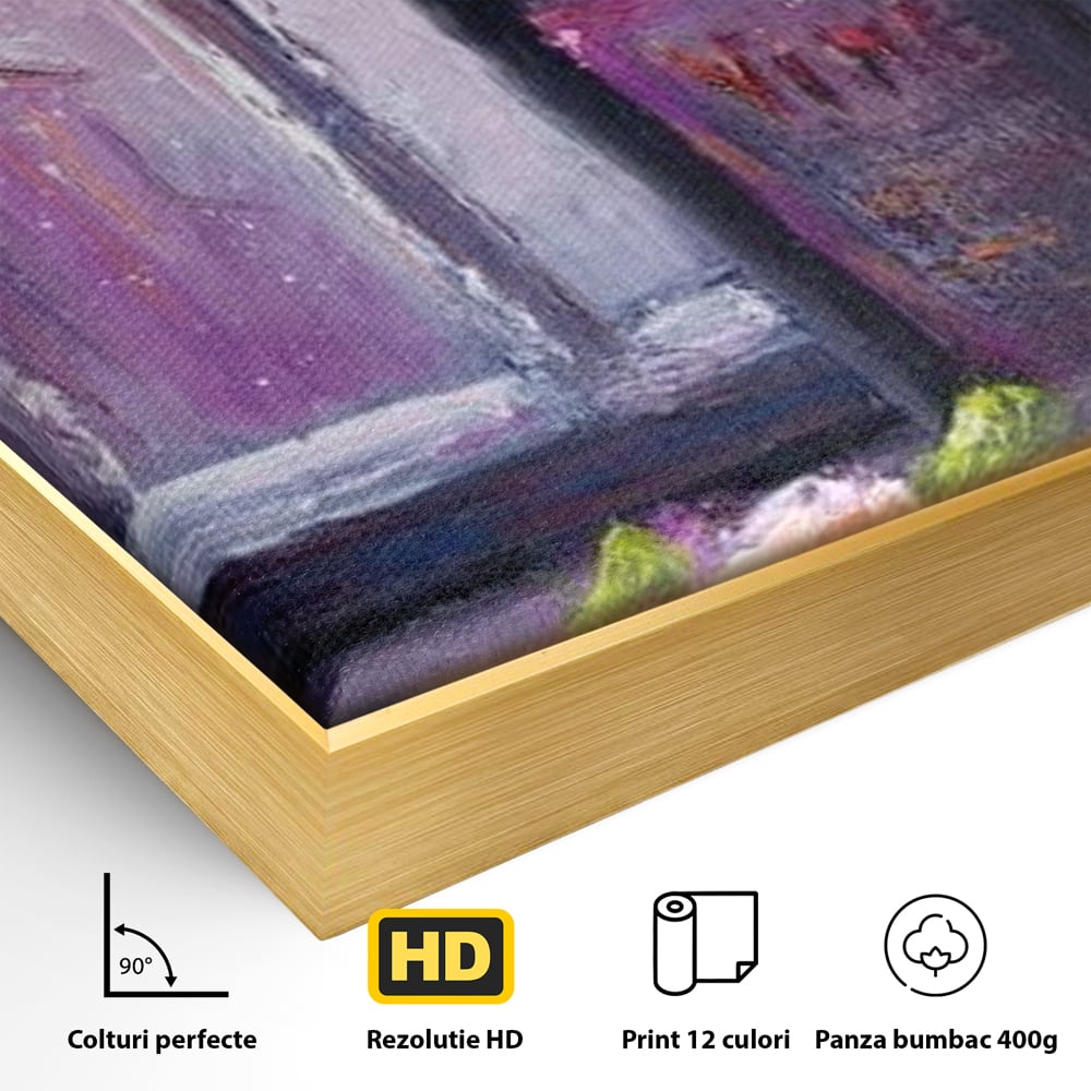 Detaliu al suprafetei: tablou canvas cu sticla de vin si trandafir, in rama de aluminiu auriu