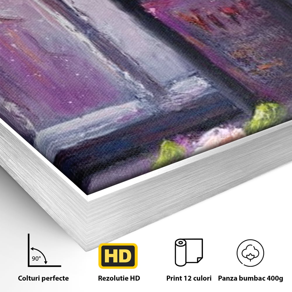 Detaliu al suprafetei: tablou canvas cu sticla de vin si trandafir, in rama de aluminiu argintiu