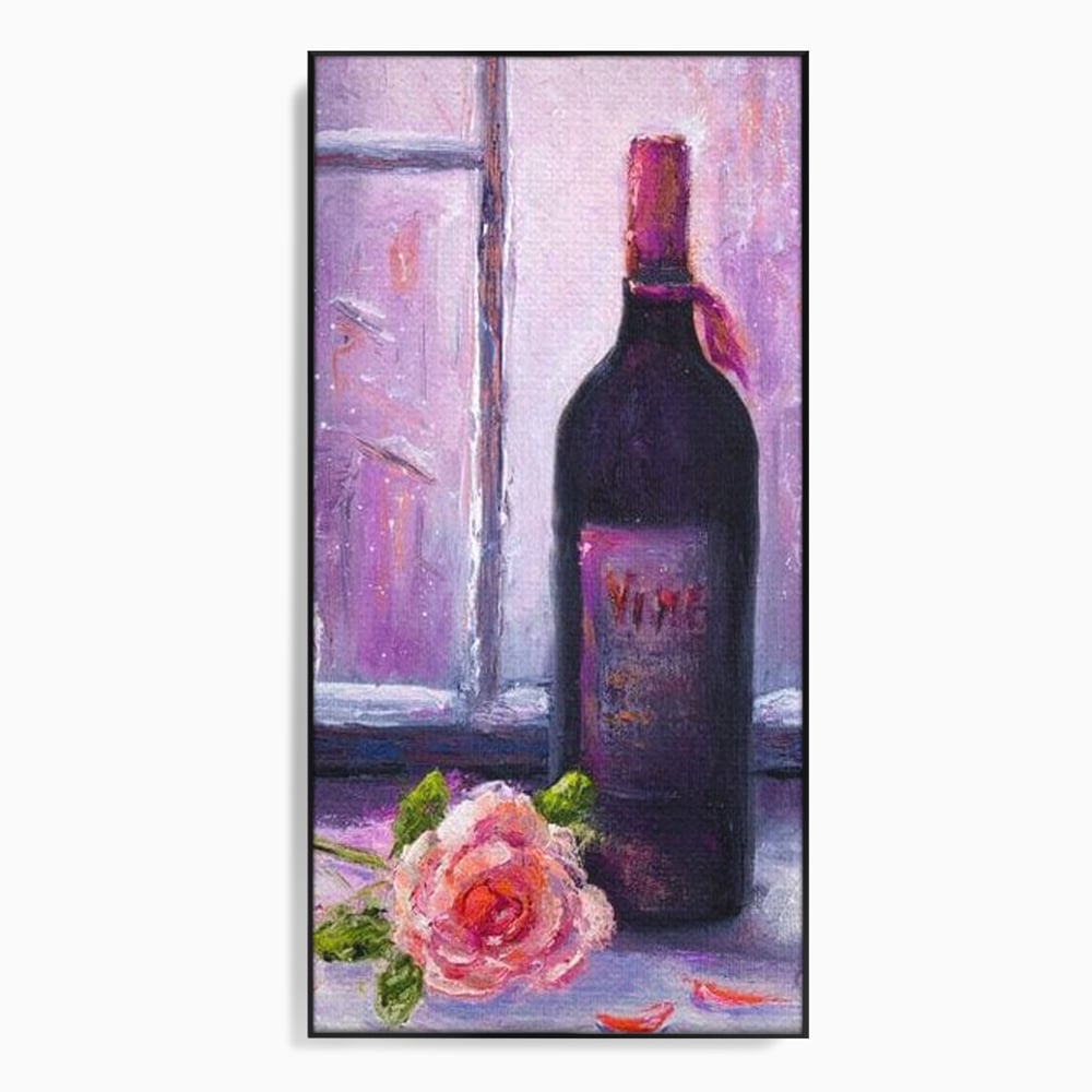 Tablou canvas cu tablou canvas cu sticla de vin si trandafir, in rama de aluminiu negru