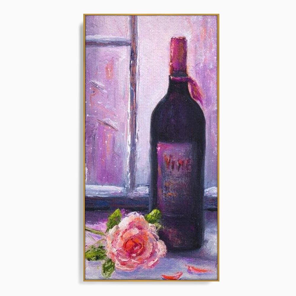 Tablou canvas cu tablou canvas cu sticla de vin si trandafir, in rama de aluminiu auriu