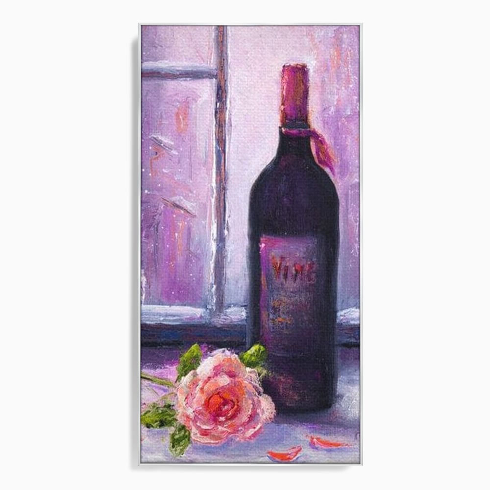 Tablou canvas cu tablou canvas cu sticla de vin si trandafir, in rama de aluminiu argintiu