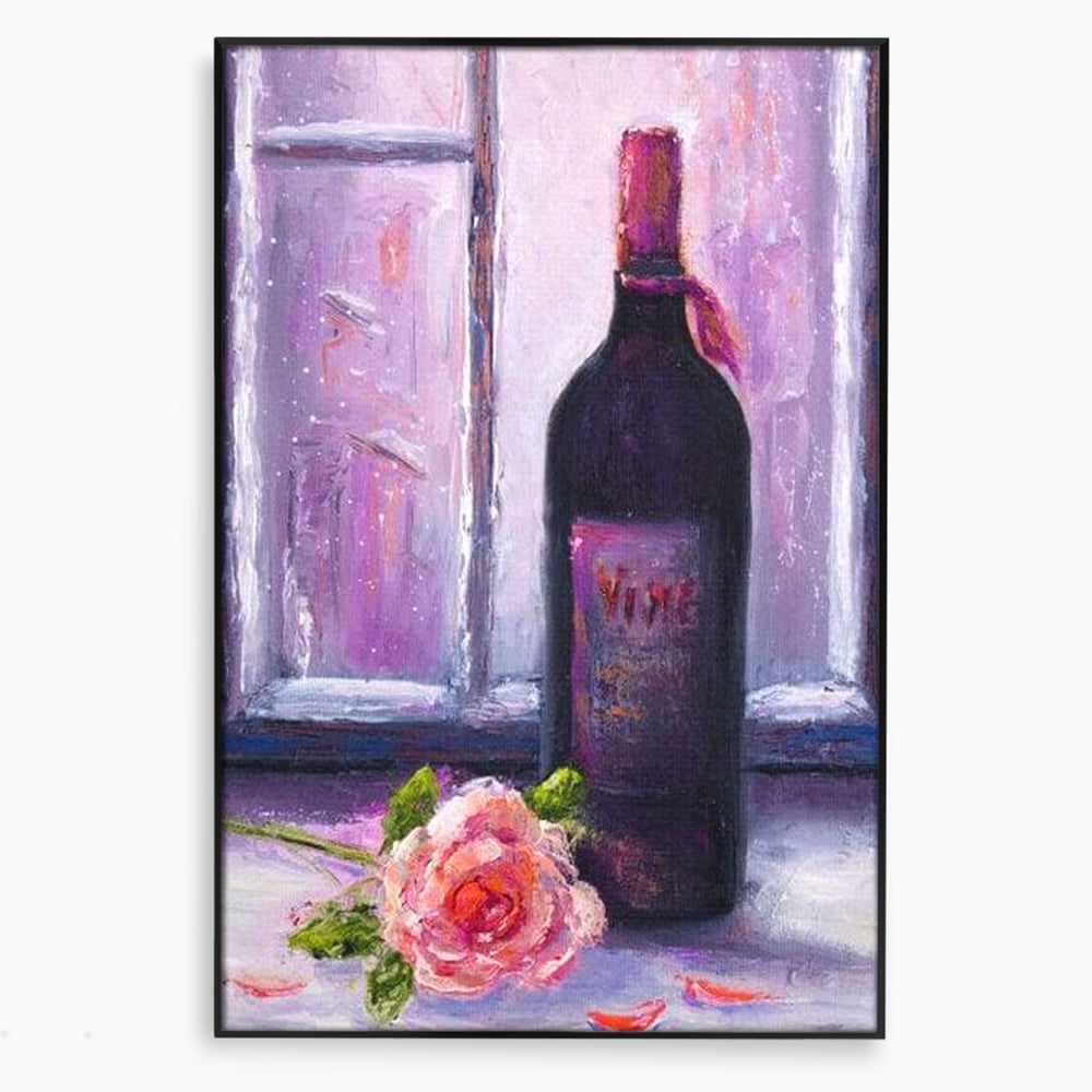 Tablou canvas cu tablou canvas cu sticla de vin si trandafir, in rama de aluminiu negru