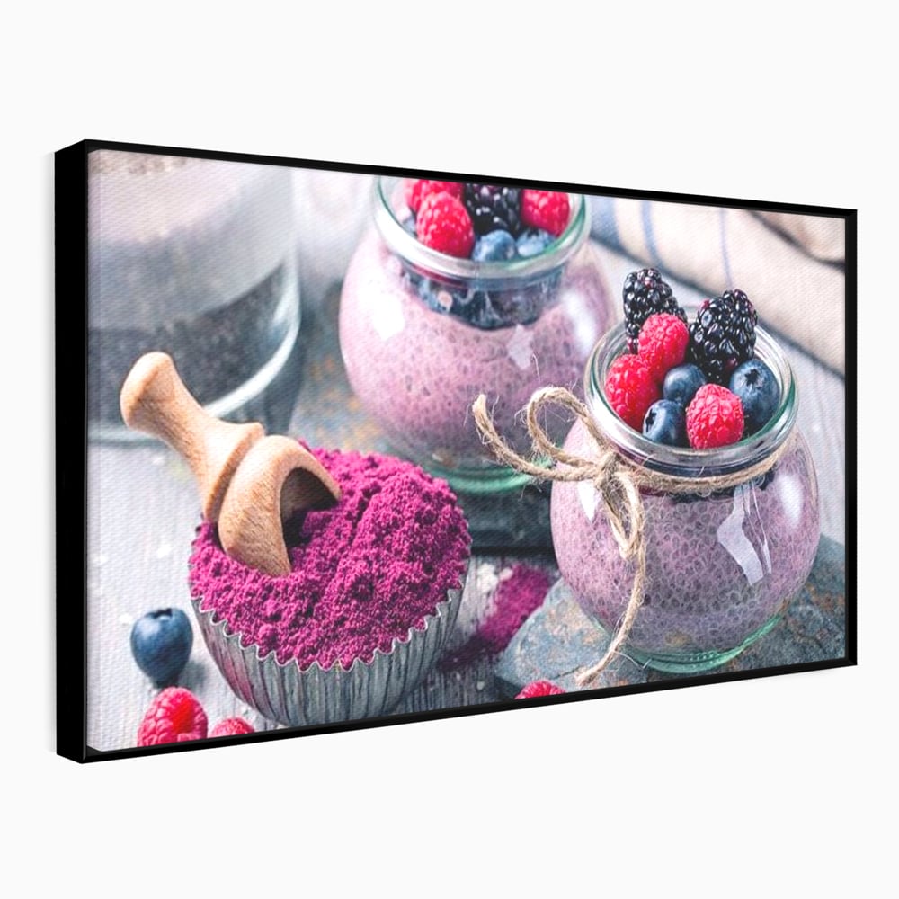Tablou canvas cu natura moarta cu desert si fructe de padure, in rama de aluminiu negru