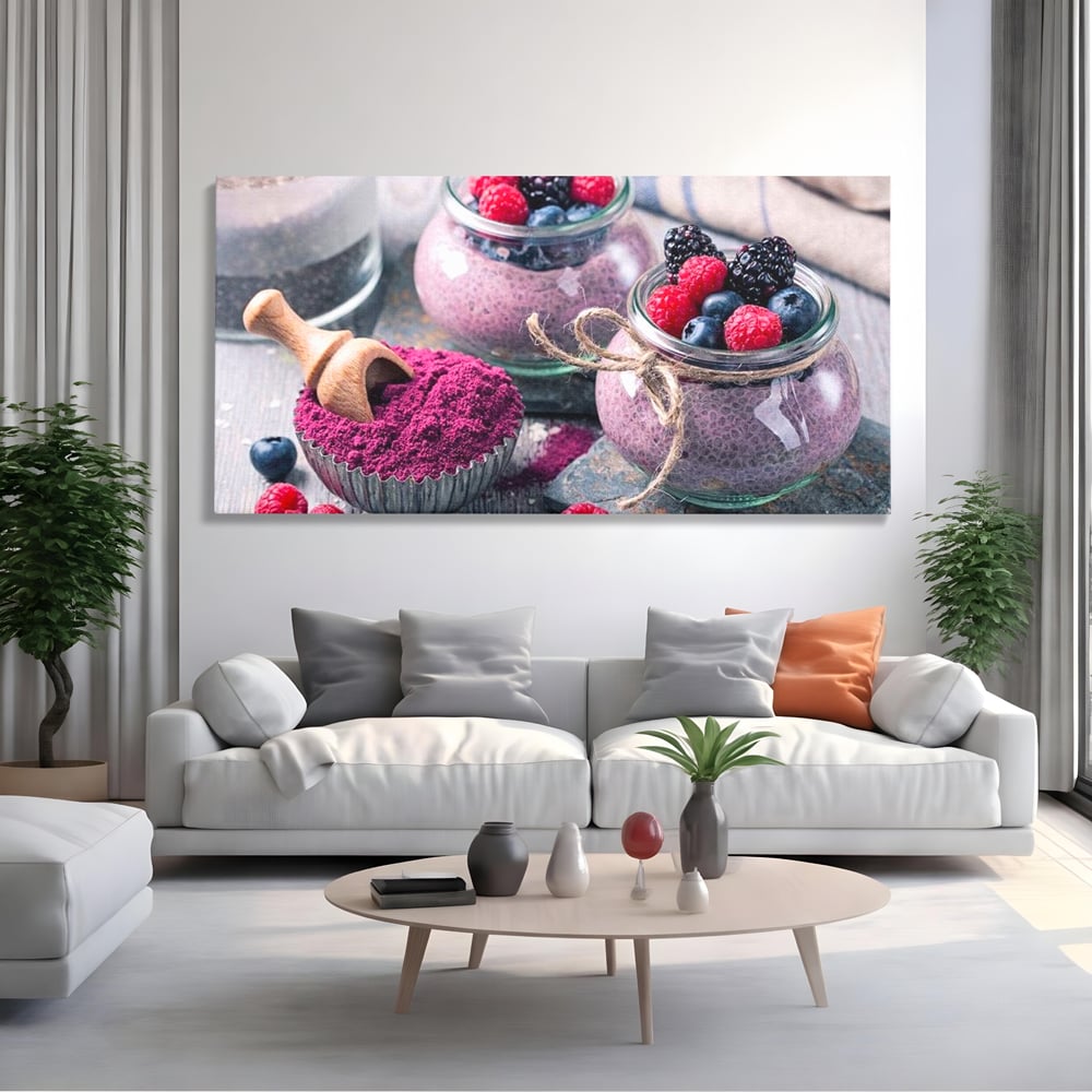 Tablou canvas cu natura moarta cu desert si fructe de padure, fara rama, pe sasiu de lemn, pe perete intr-un living