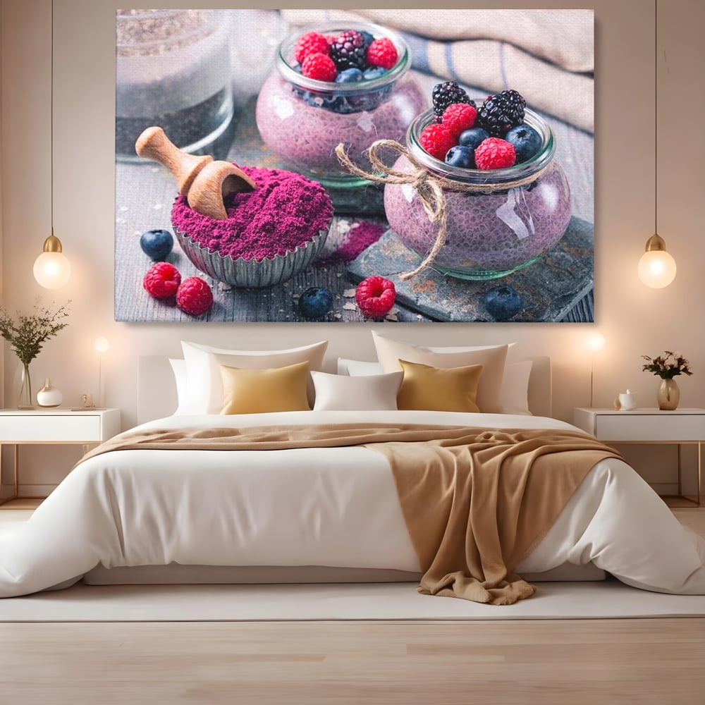 Tablou canvas cu natura moarta cu desert si fructe de padure, fara rama, pe sasiu de lemn, pe perete intr-un dormitor