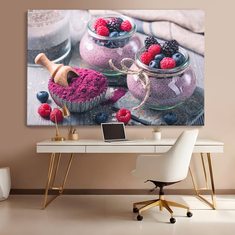 Tablou canvas cu natura moarta cu desert si fructe de padure, fara rama, pe sasiu de lemn, pe perete intr-un birou