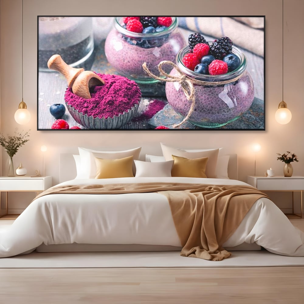 Tablou canvas cu natura moarta cu desert si fructe de padure, in rama de aluminiu negru, pe perete intr-un dormitor