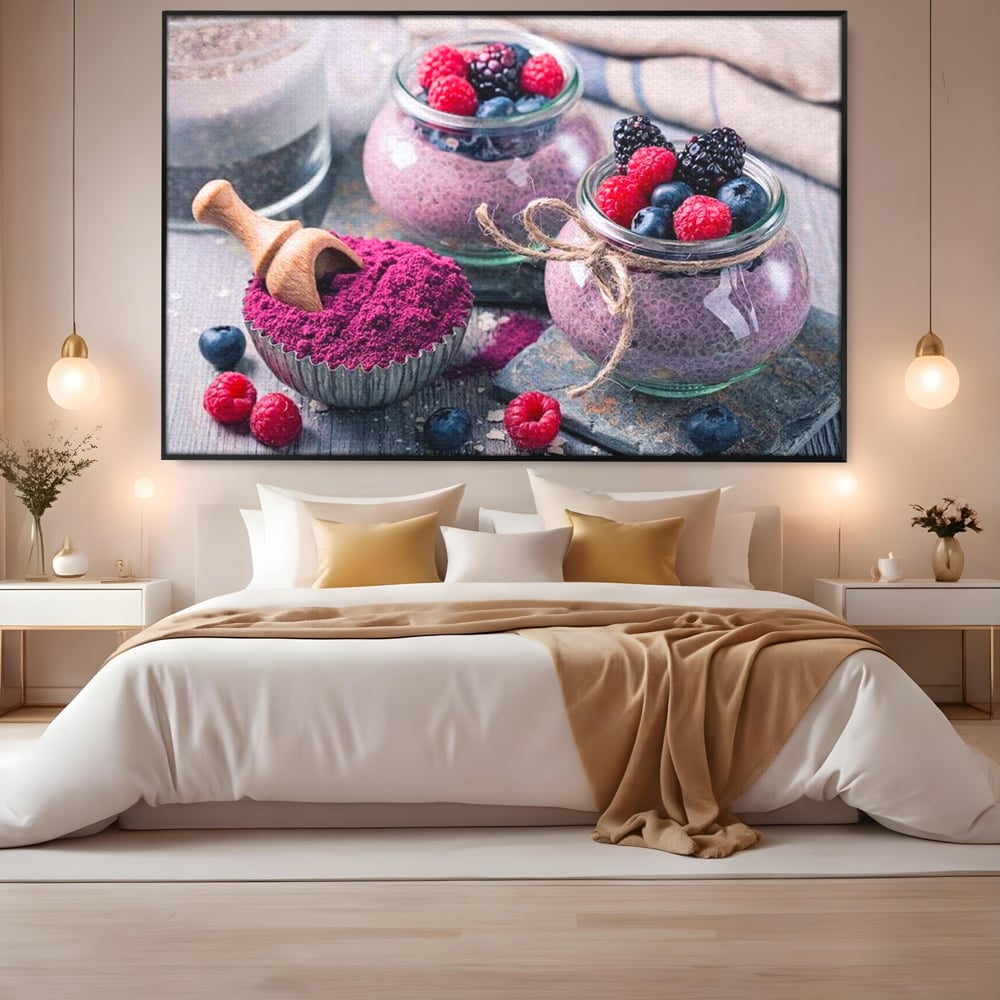 Tablou canvas cu natura moarta cu desert si fructe de padure, in rama de aluminiu negru, pe perete intr-un dormitor