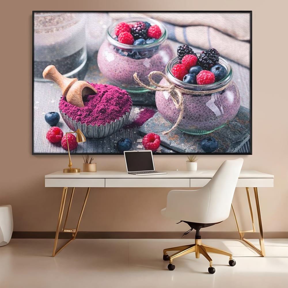 Tablou canvas cu natura moarta cu desert si fructe de padure, in rama de aluminiu negru, pe perete intr-un birou