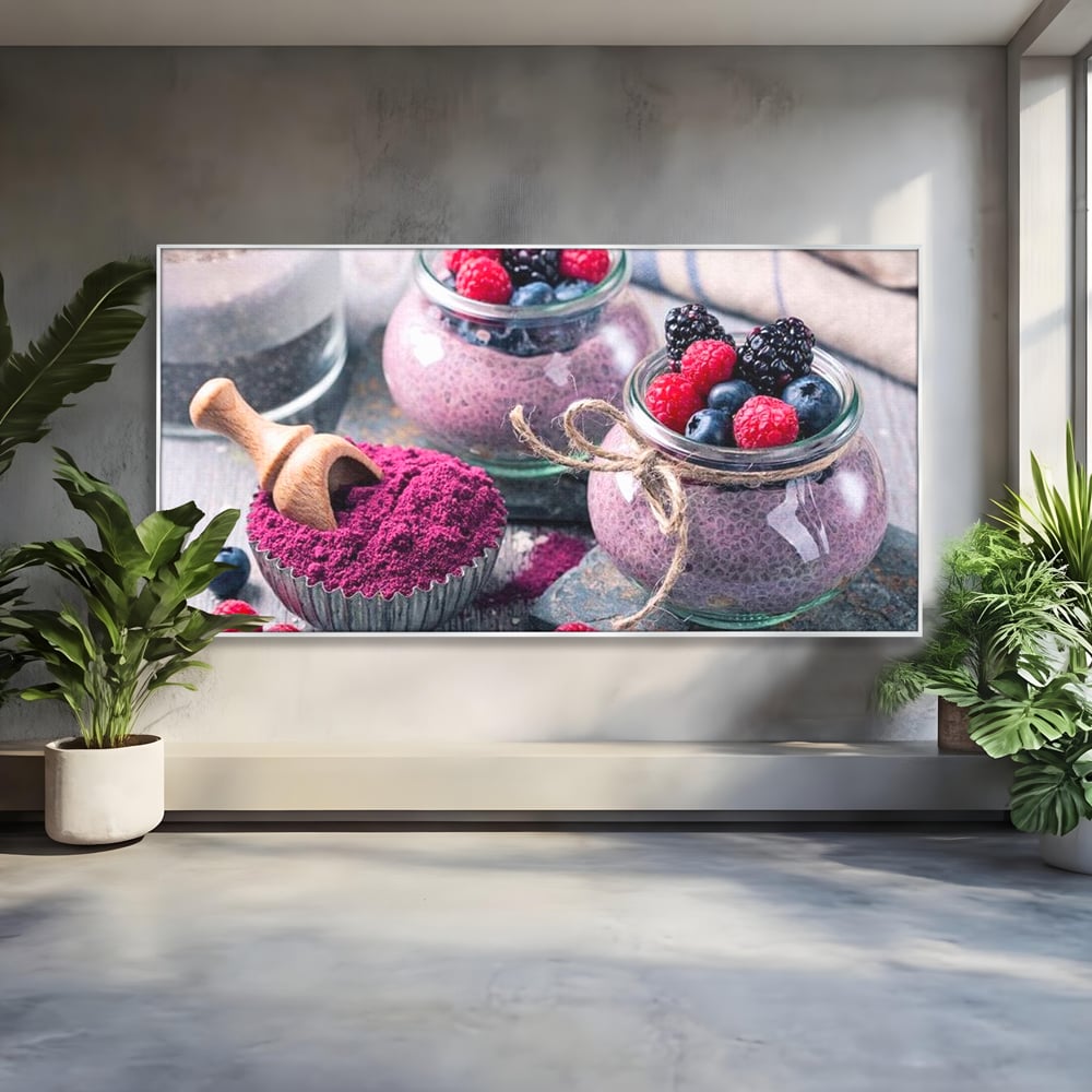 Tablou canvas cu natura moarta cu desert si fructe de padure, in rama de aluminiu argintiu
