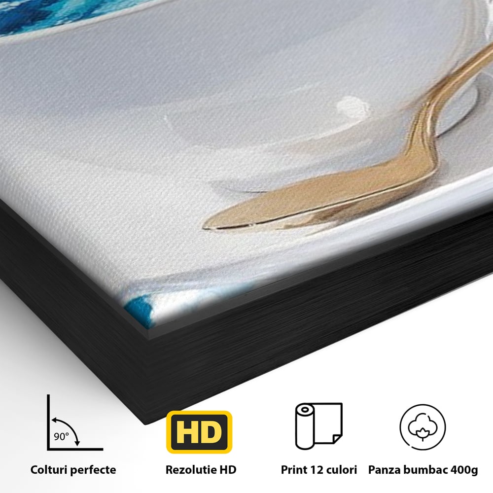 Detaliu al suprafetei: tablou canvas cu ceasca de cafea si cer senin, in rama de aluminiu negru