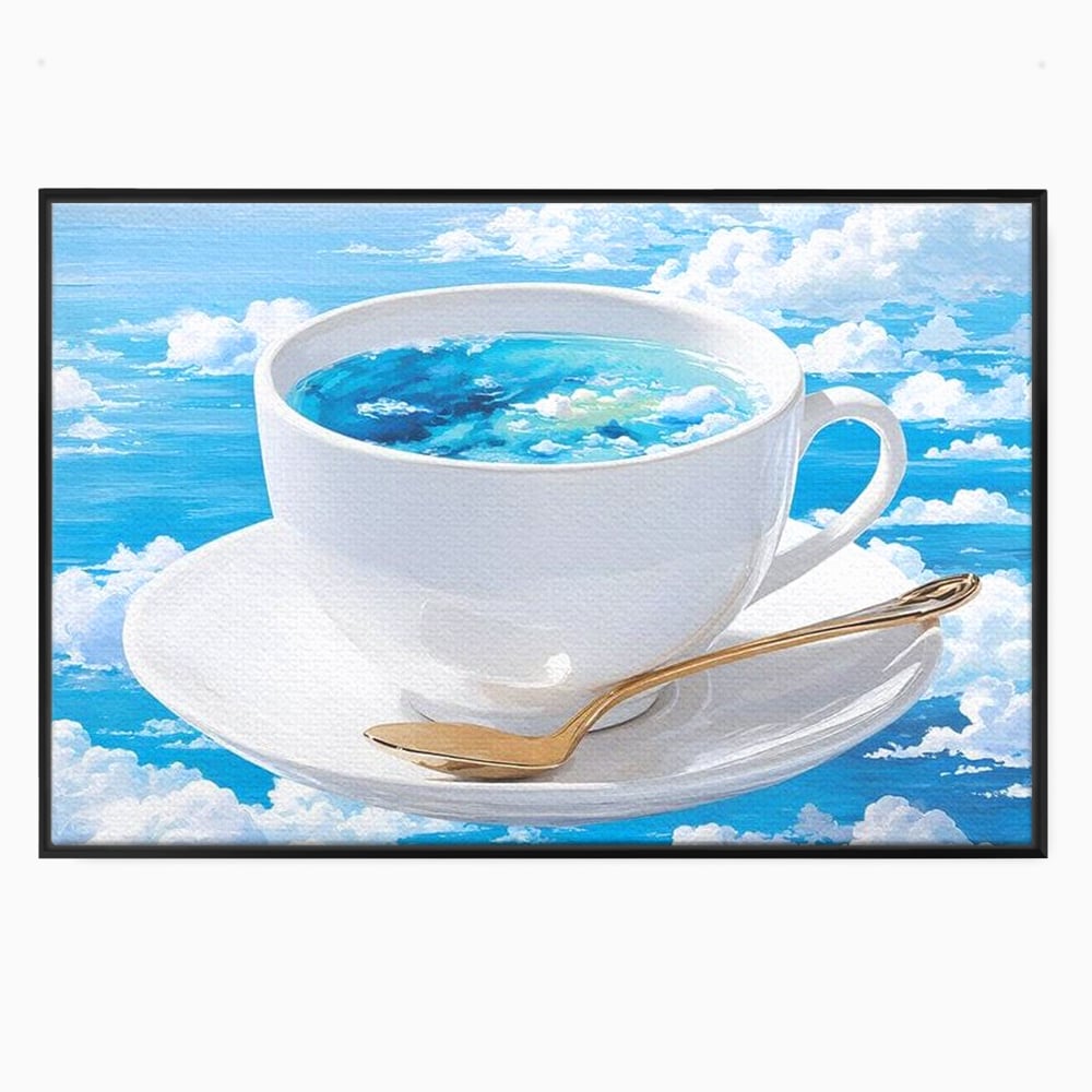 Tablou canvas cu tablou canvas cu ceasca de cafea si cer senin, in rama de aluminiu negru