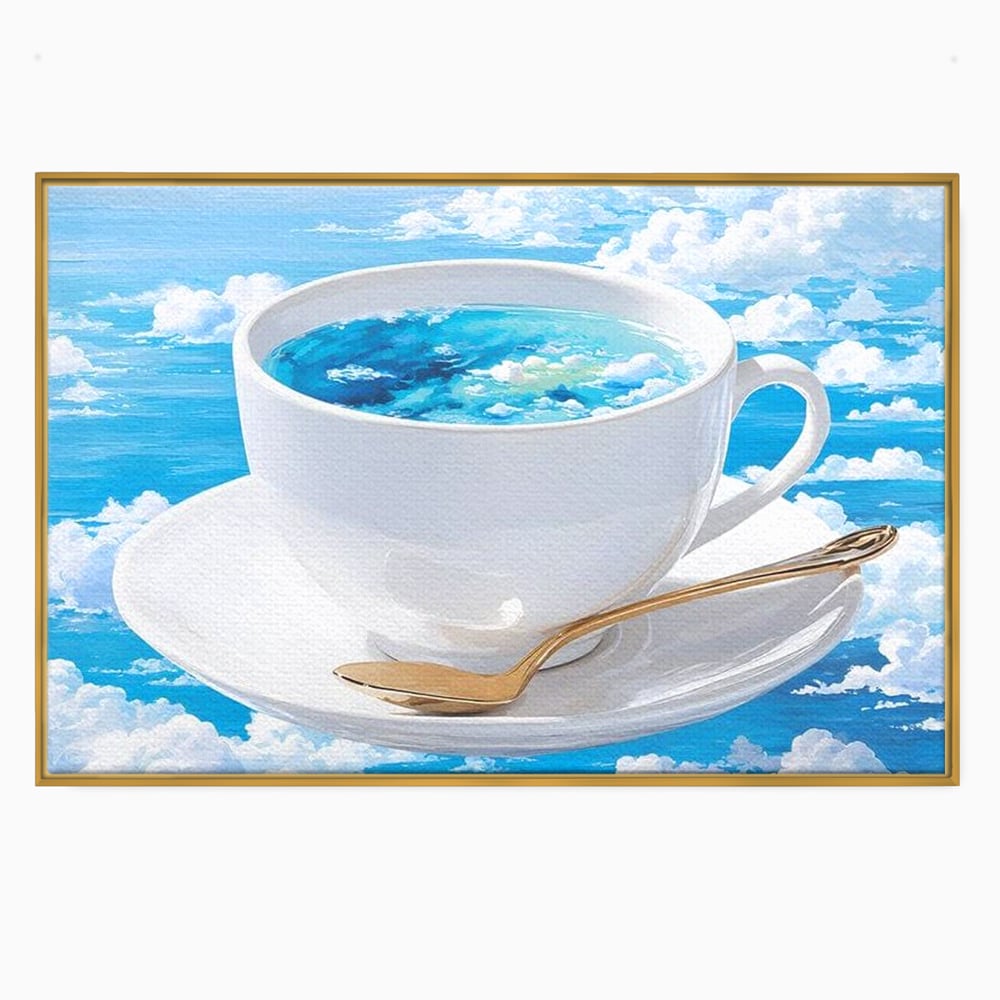 Tablou canvas cu tablou canvas cu ceasca de cafea si cer senin, in rama de aluminiu auriu