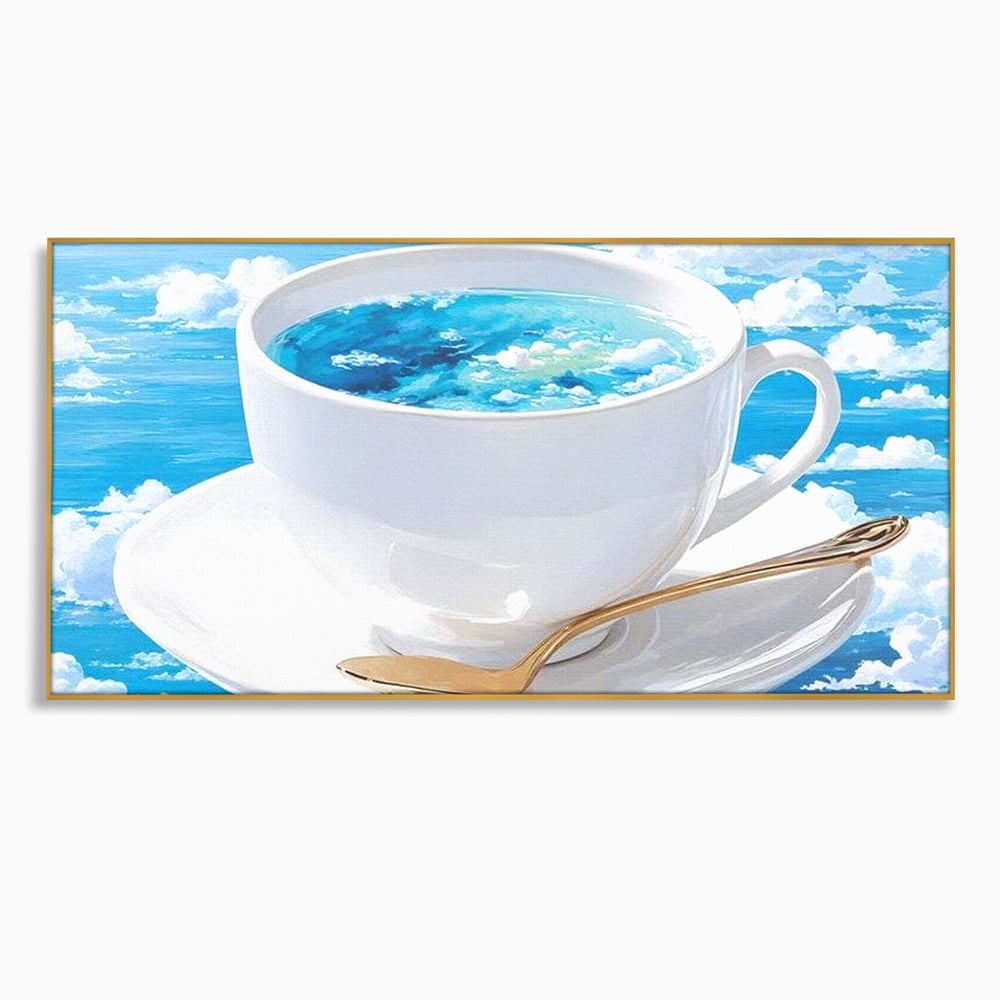 Tablou canvas cu tablou canvas cu ceasca de cafea si cer senin, in rama de aluminiu auriu
