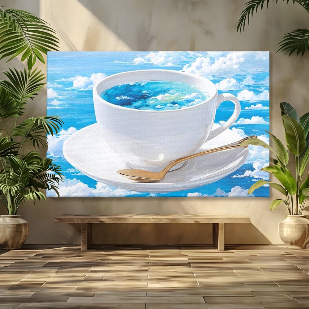 Tablou canvas cu tablou canvas cu ceasca de cafea si cer senin, fara rama, pe sasiu de lemn