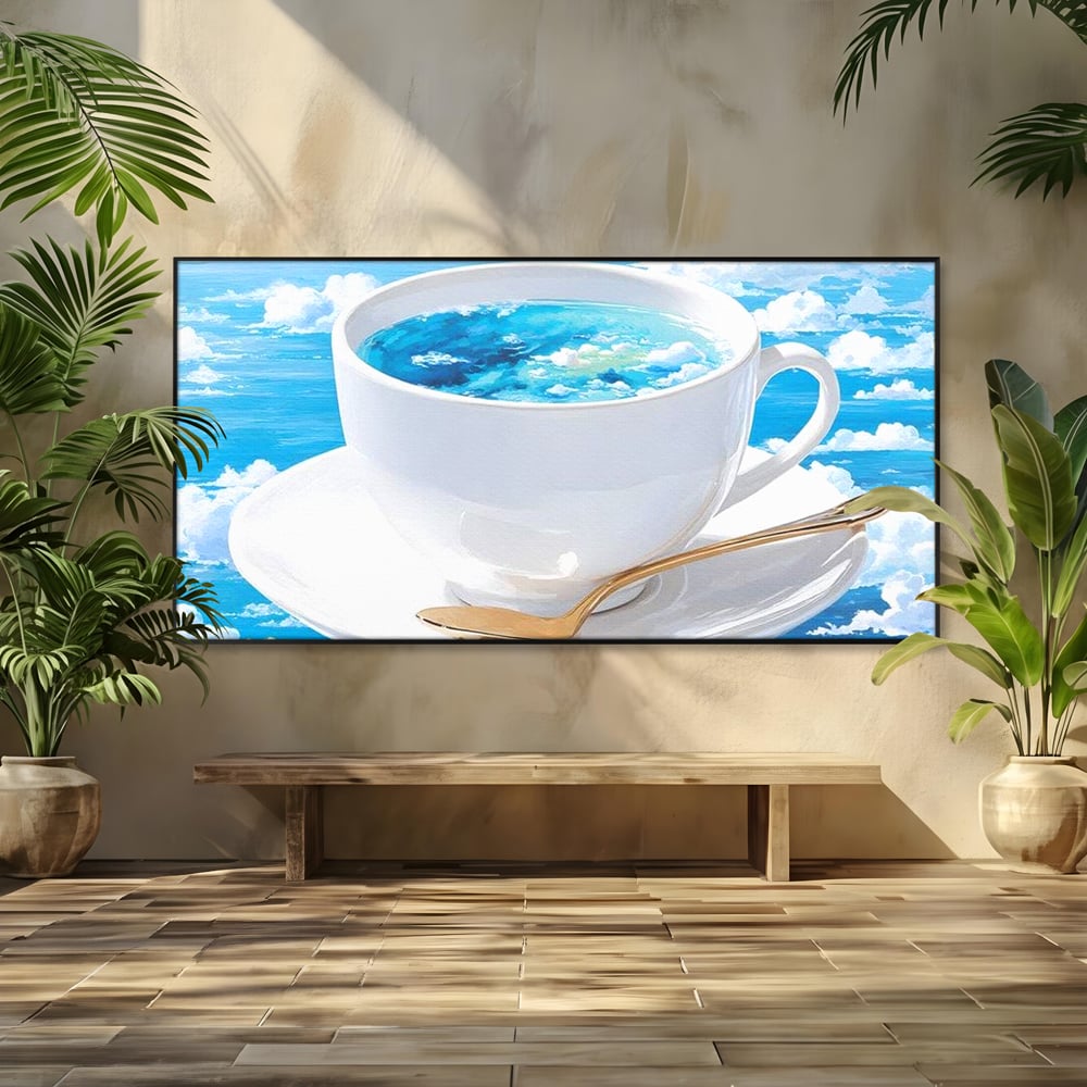 Tablou canvas cu tablou canvas cu ceasca de cafea si cer senin, in rama de aluminiu negru