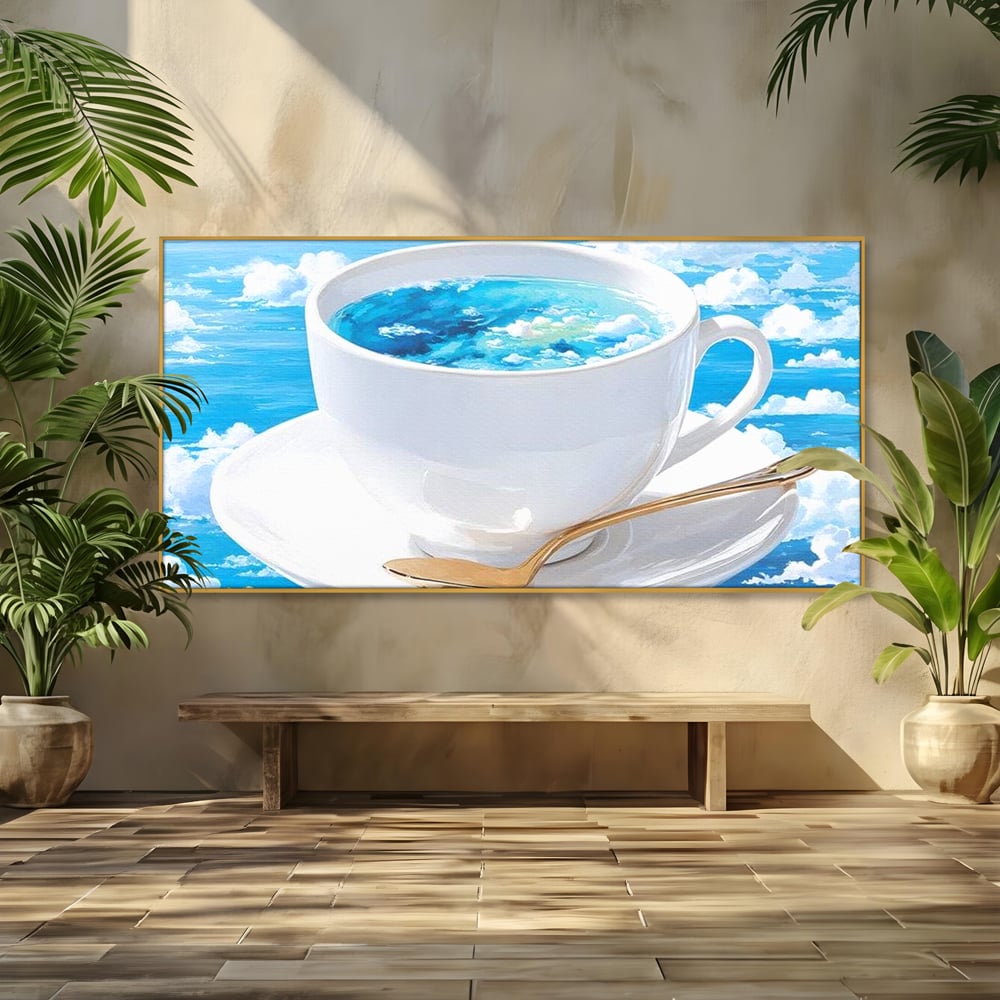 Tablou canvas cu tablou canvas cu ceasca de cafea si cer senin, in rama de aluminiu auriu