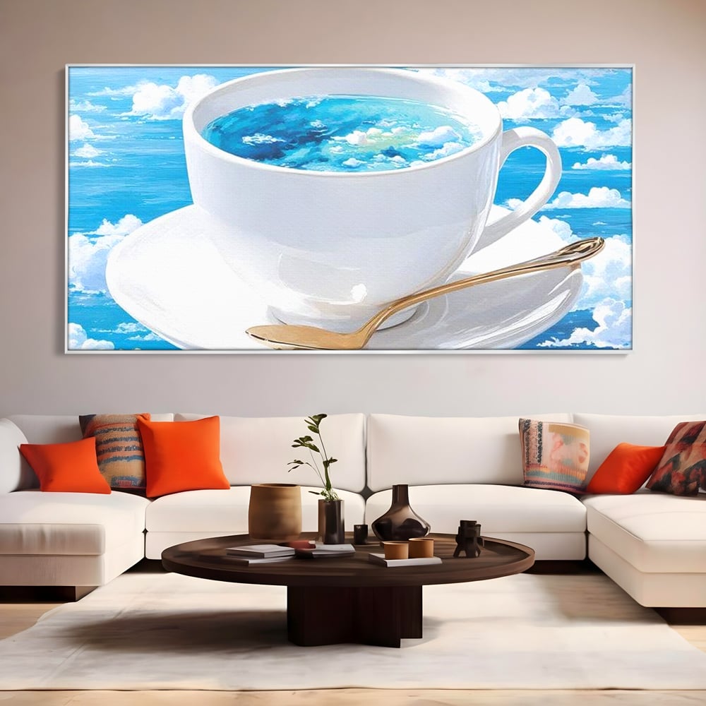 Tablou canvas cu tablou canvas cu ceasca de cafea si cer senin, in rama de aluminiu argintiu, pe perete intr-un living