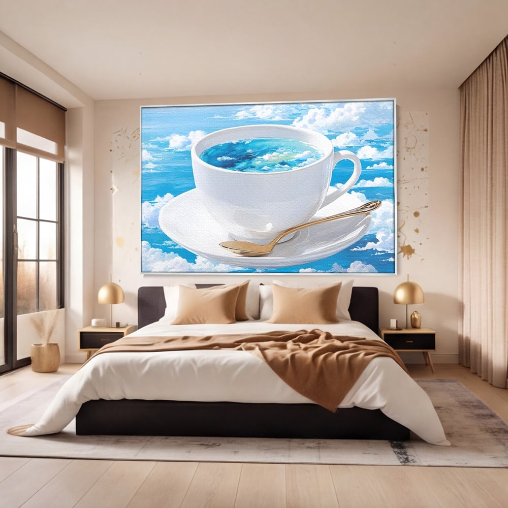 Tablou canvas cu tablou canvas cu ceasca de cafea si cer senin, in rama de aluminiu argintiu, pe perete intr-un dormitor
