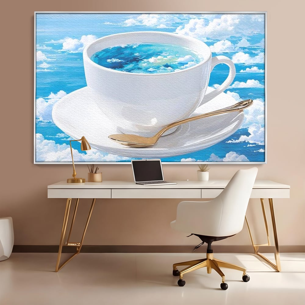 Tablou canvas cu tablou canvas cu ceasca de cafea si cer senin, in rama de aluminiu argintiu, pe perete intr-un birou