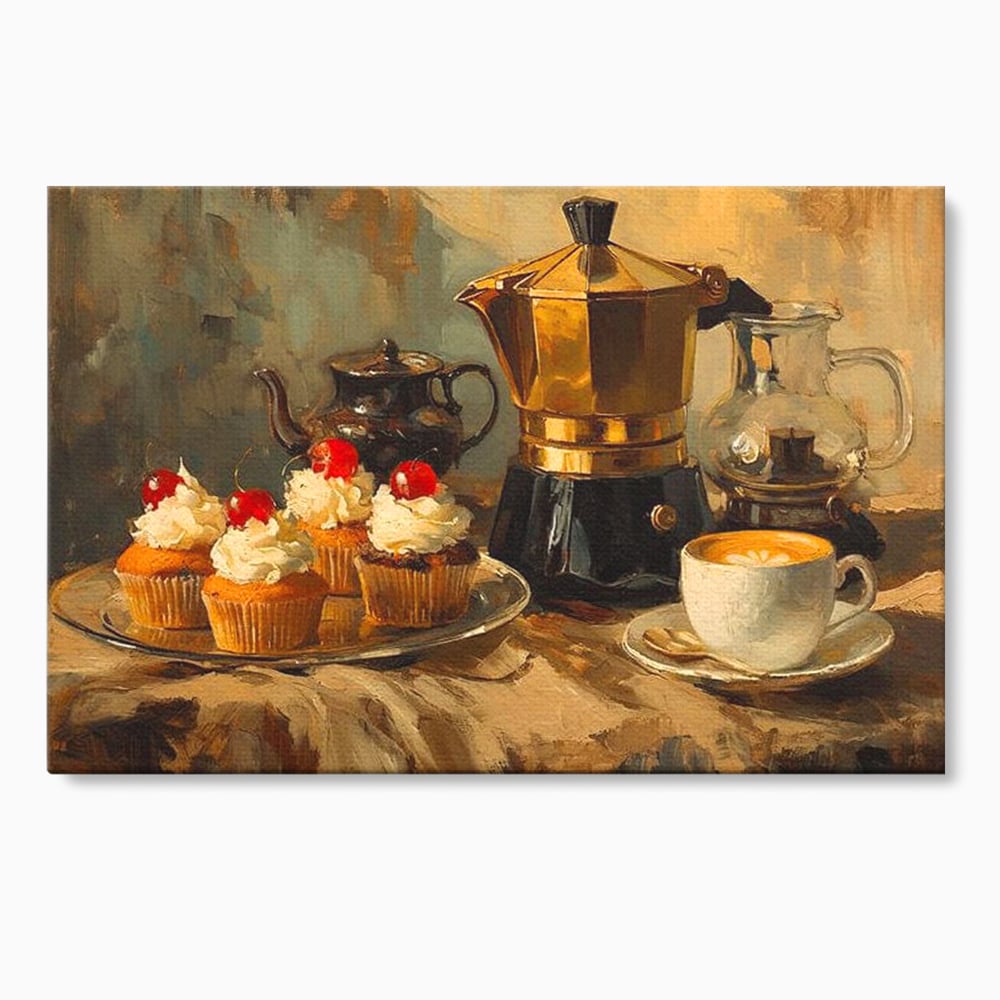 Tablou canvas cu pictura statica cu briose si cafea, fara rama, pe sasiu de lemn