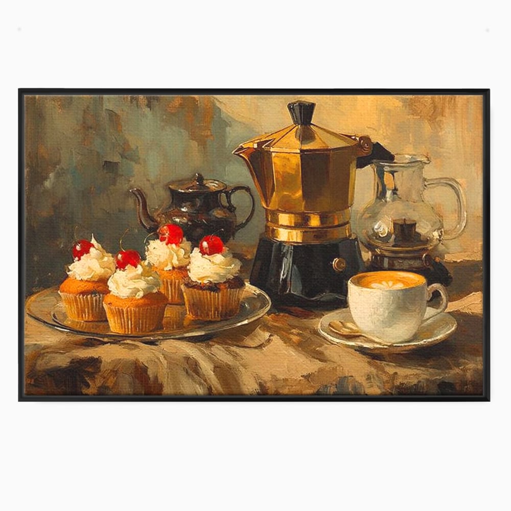 Tablou canvas cu pictura statica cu briose si cafea, in rama de aluminiu negru