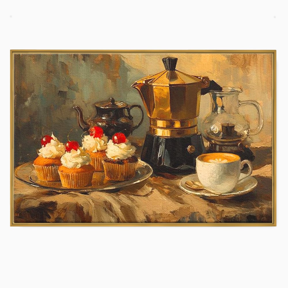 Tablou canvas cu pictura statica cu briose si cafea, in rama de aluminiu auriu