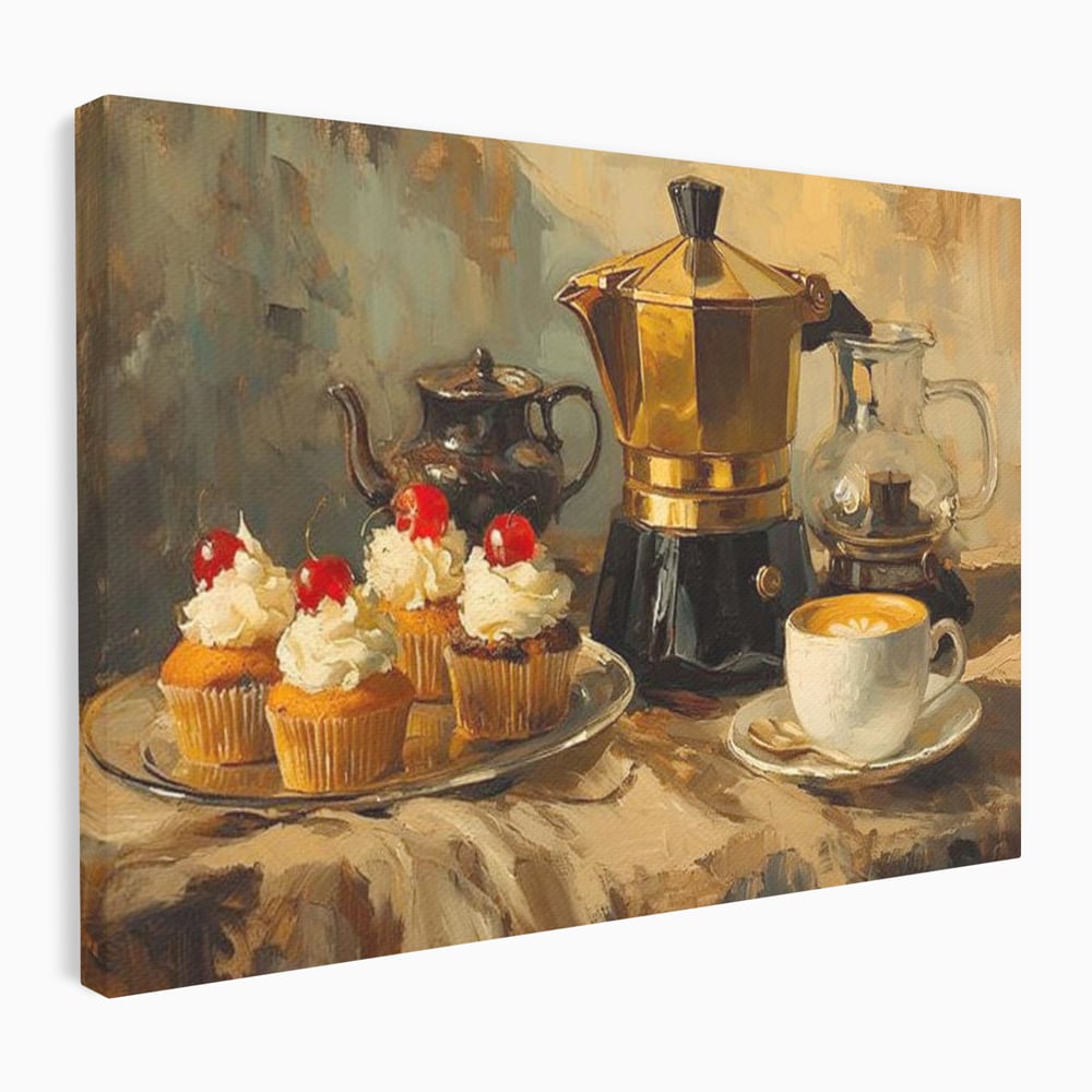 Tablou canvas cu pictura statica cu briose si cafea, fara rama, pe sasiu de lemn