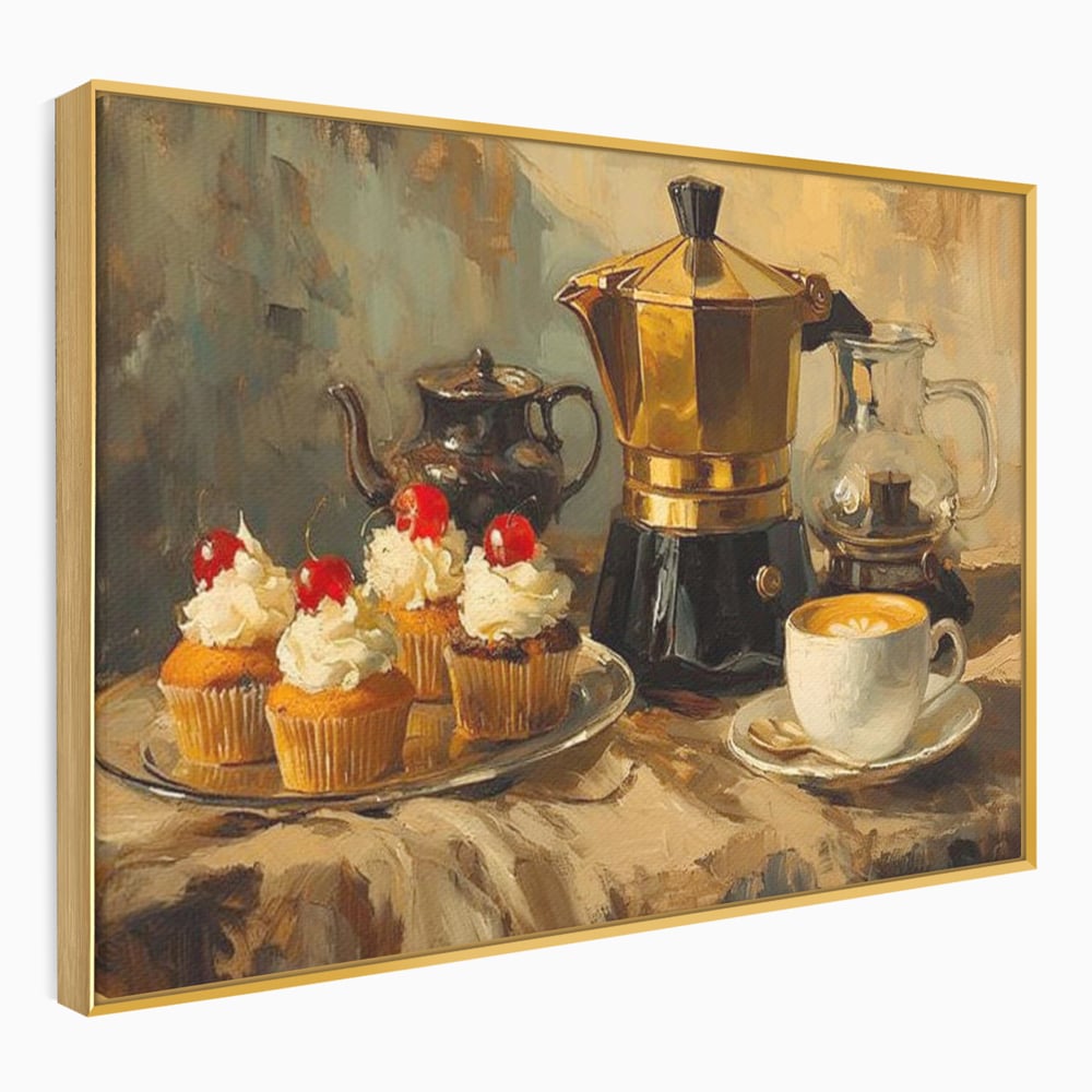 Tablou canvas cu pictura statica cu briose si cafea, in rama de aluminiu auriu