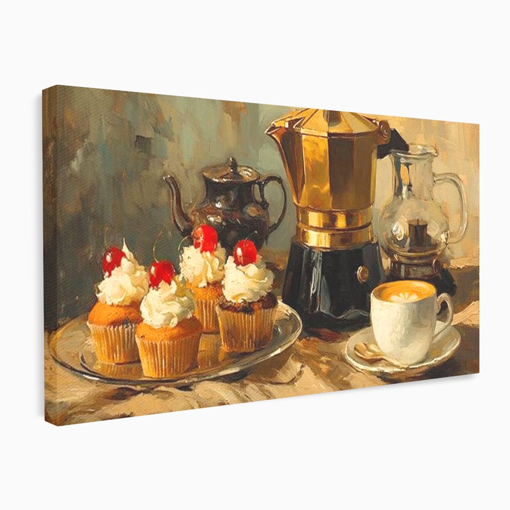 Tablou canvas cu pictura statica cu briose si cafea, fara rama, pe sasiu de lemn