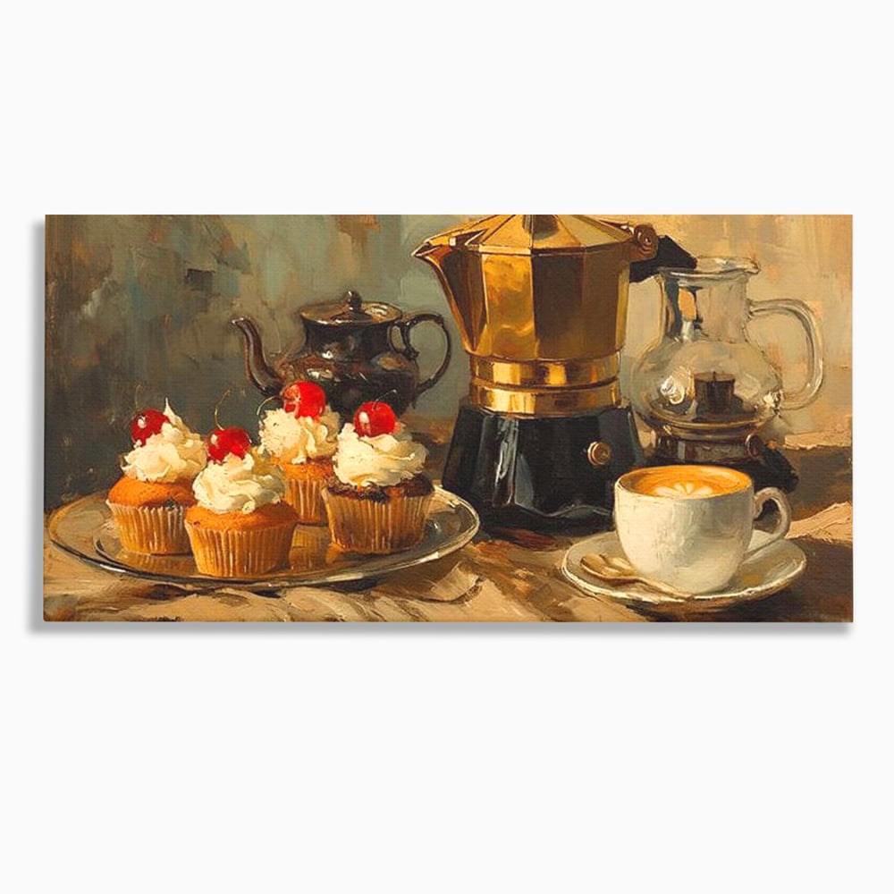 Tablou canvas cu pictura statica cu briose si cafea, fara rama, pe sasiu de lemn