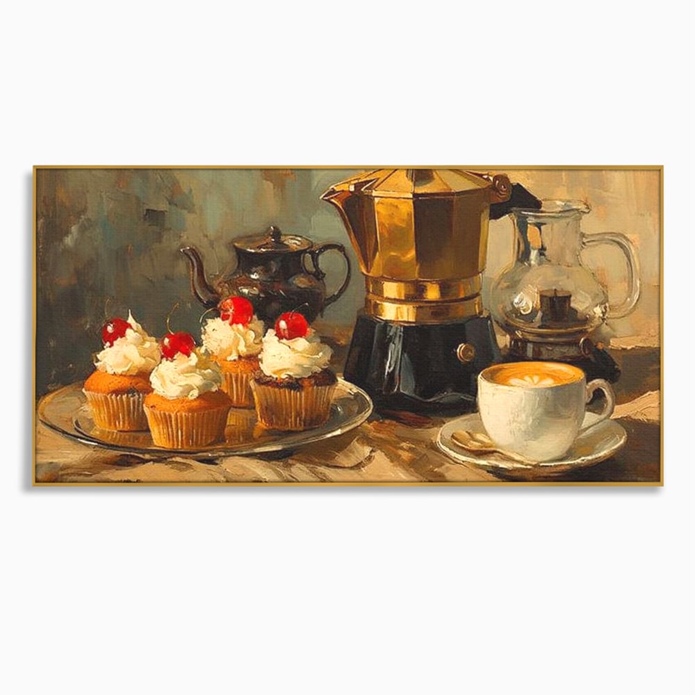 Tablou canvas cu pictura statica cu briose si cafea, in rama de aluminiu auriu