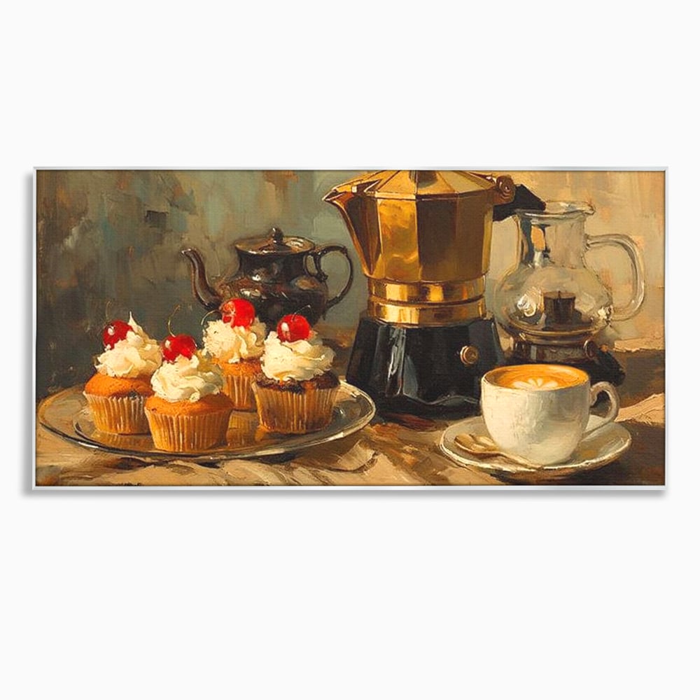 Tablou canvas cu pictura statica cu briose si cafea, in rama de aluminiu argintiu