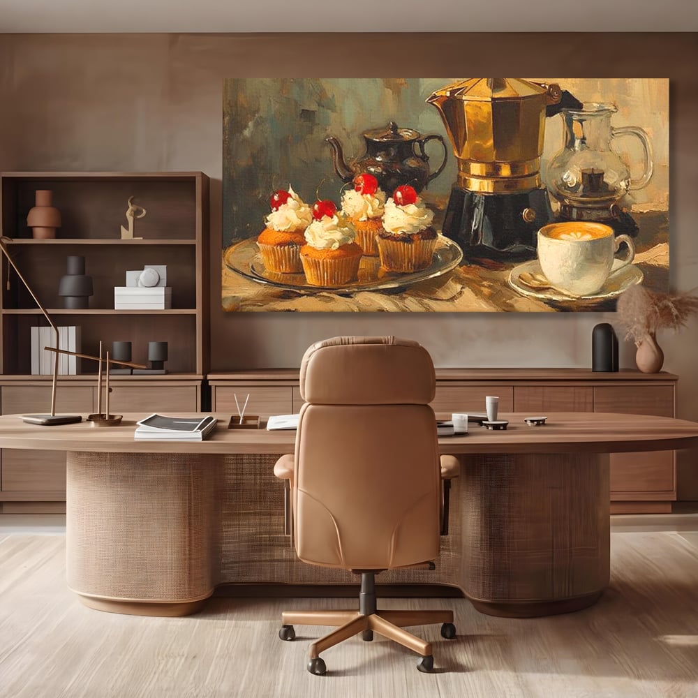 Tablou canvas cu pictura statica cu briose si cafea, fara rama, pe sasiu de lemn, pe perete intr-un birou