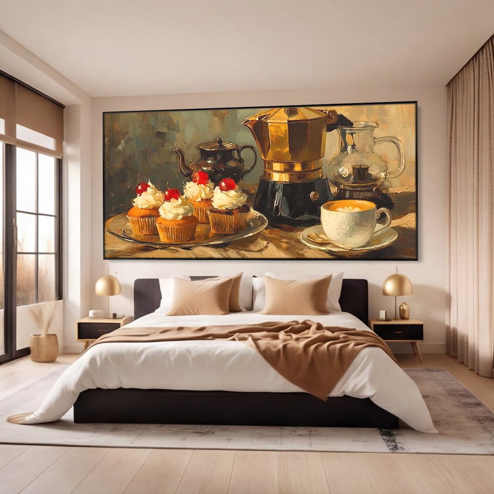 Tablou canvas cu pictura statica cu briose si cafea, in rama de aluminiu negru, pe perete intr-un dormitor
