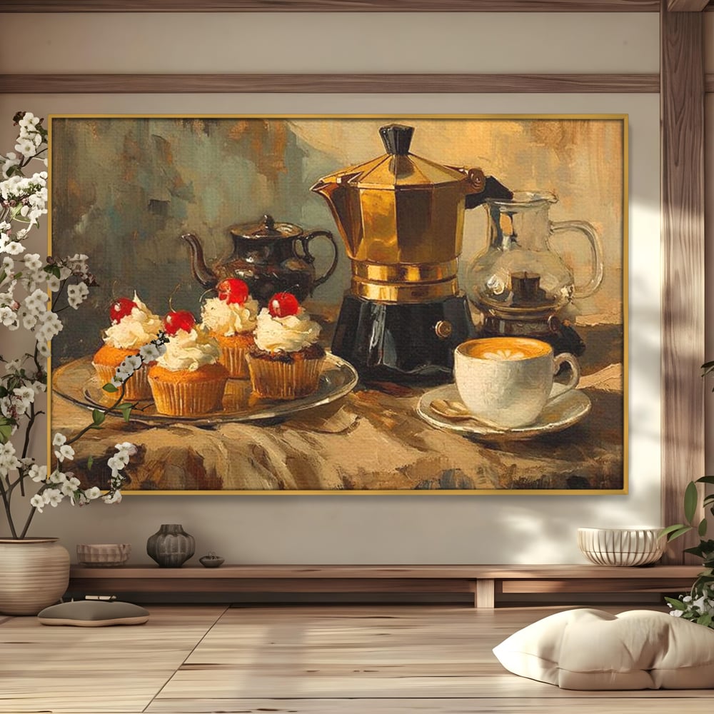 Tablou canvas cu pictura statica cu briose si cafea, in rama de aluminiu auriu