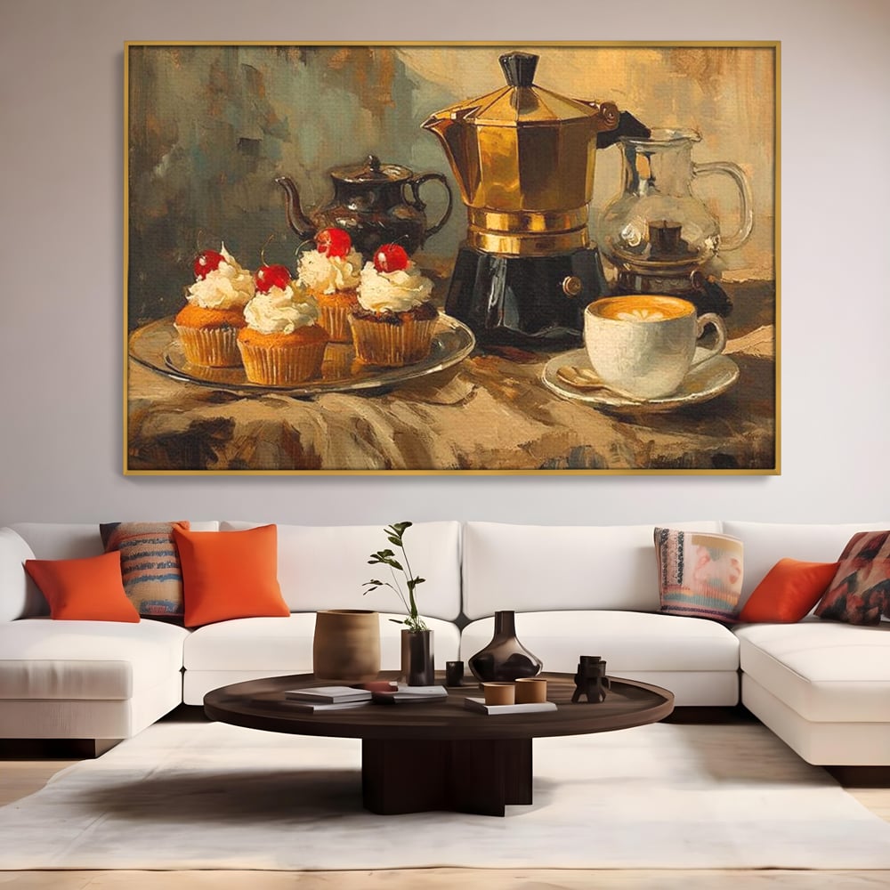 Tablou canvas cu pictura statica cu briose si cafea, in rama de aluminiu auriu, pe perete intr-un living
