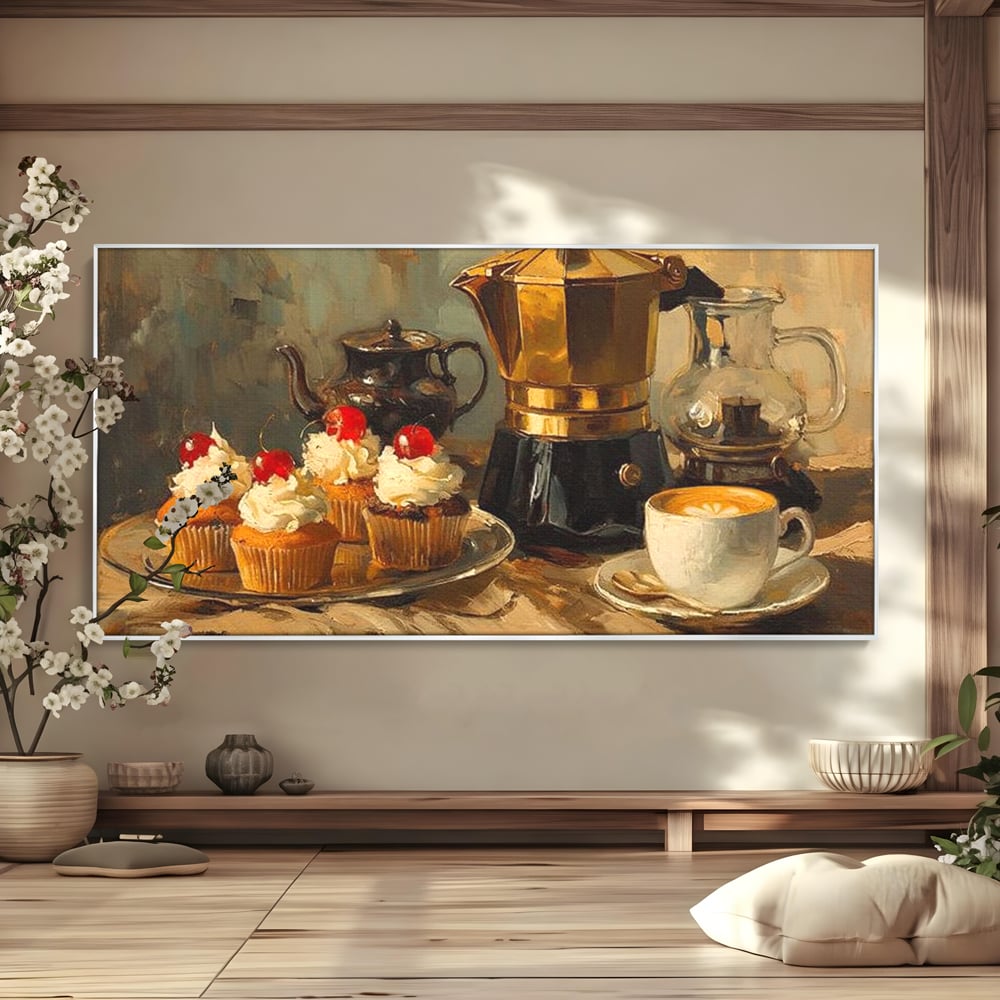 Tablou canvas cu pictura statica cu briose si cafea, in rama de aluminiu argintiu
