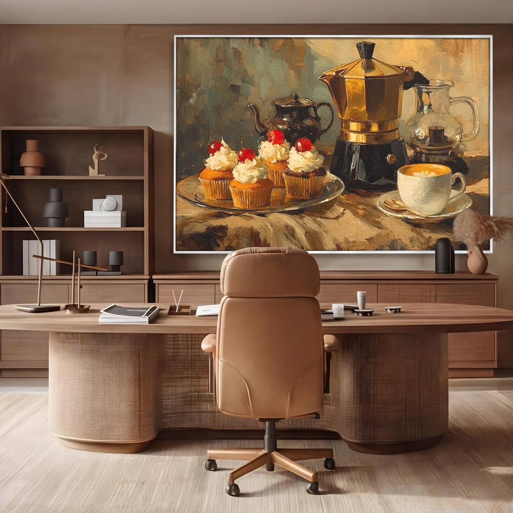 Tablou canvas cu pictura statica cu briose si cafea, in rama de aluminiu argintiu, pe perete intr-un birou