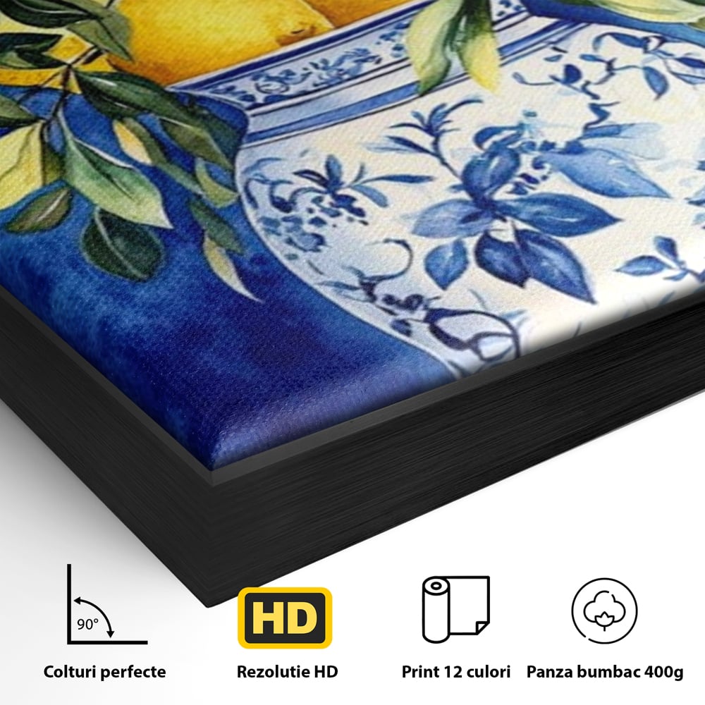 Detaliu al suprafetei: tablou canvas cu lamai si vaza, in rama de aluminiu negru
