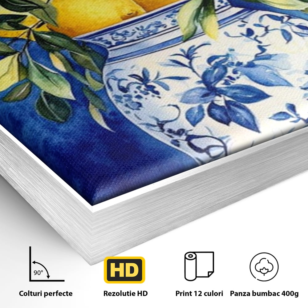 Detaliu al suprafetei: tablou canvas cu lamai si vaza, in rama de aluminiu argintiu