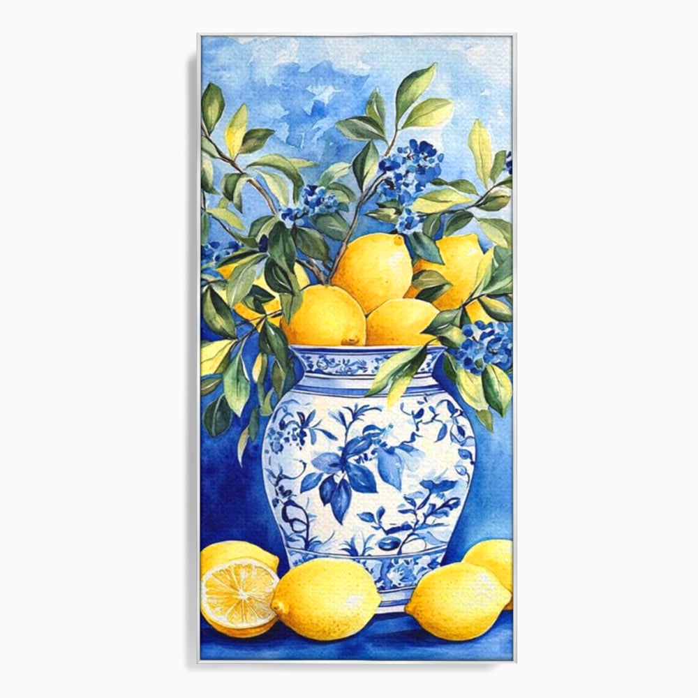 Tablou canvas cu tablou canvas cu lamai si vaza, in rama de aluminiu argintiu